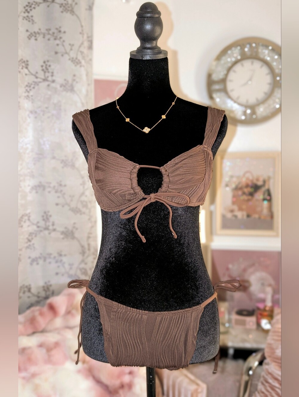 NWT Seamolly Chocolate Brown Textured Bikini Set Size XS